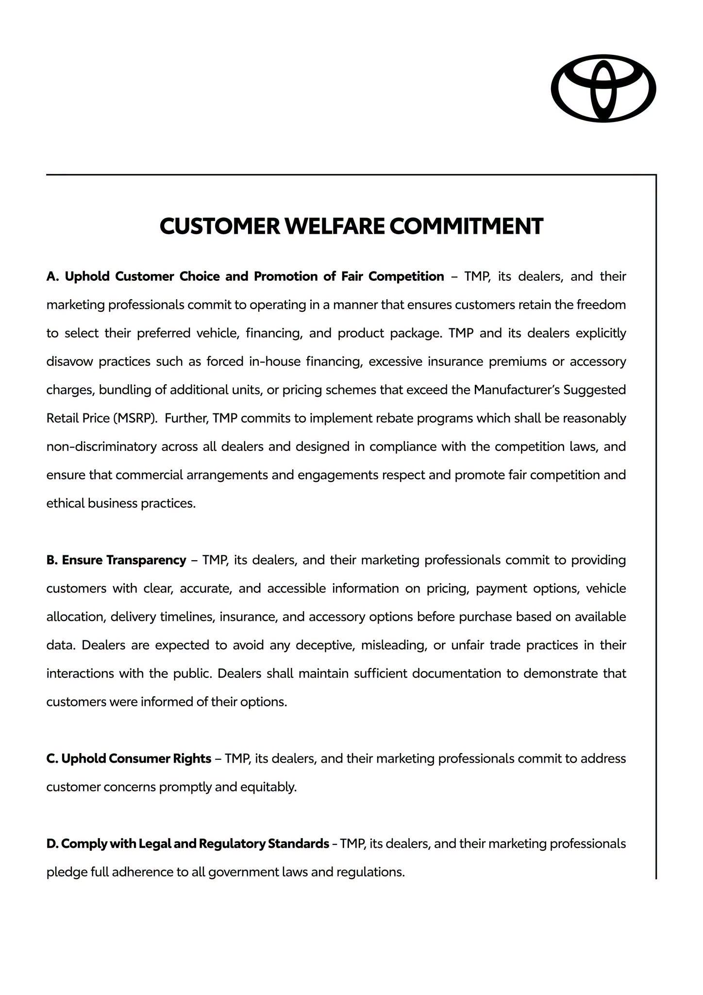 Customer Welfare Commitment